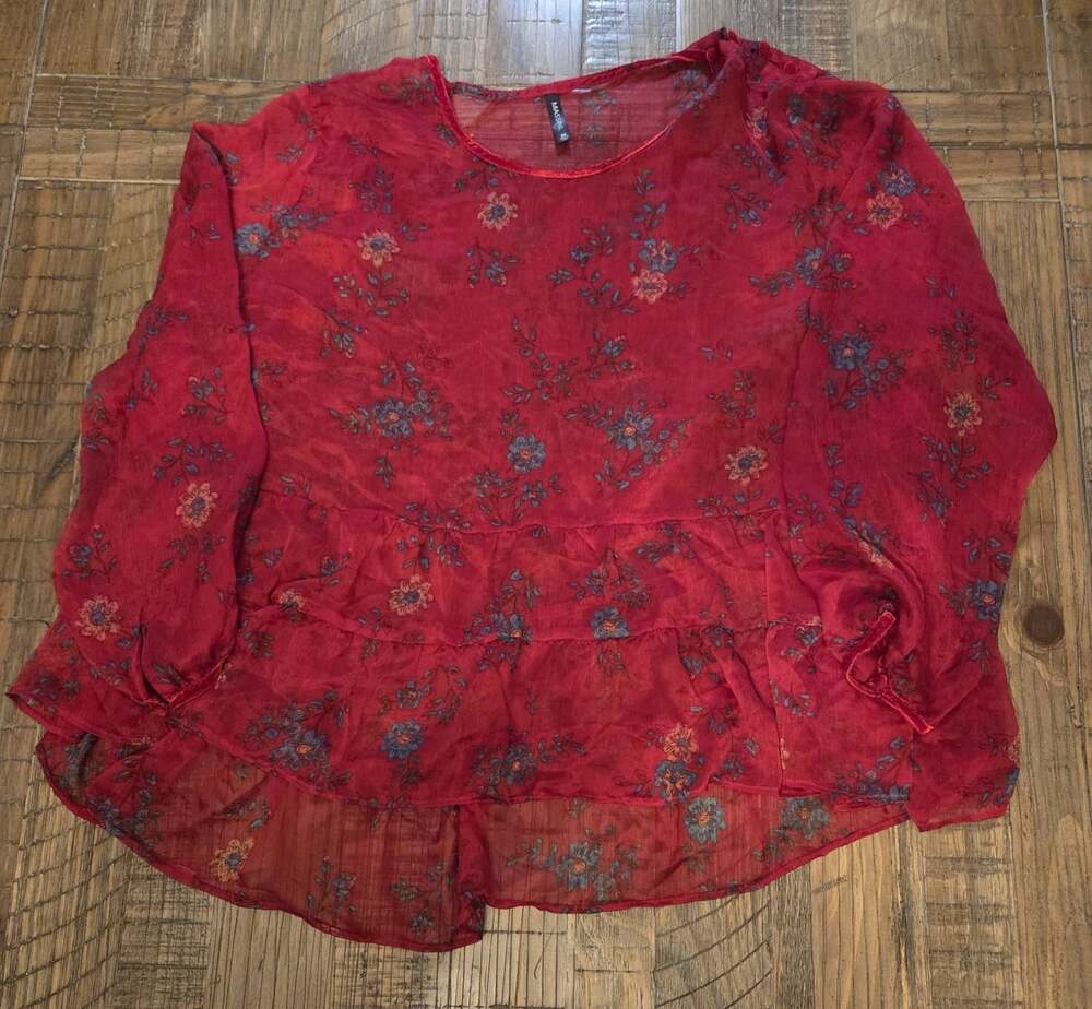 red floral Massini brand blouse Size 3X velvet trim on the Neck And Sleeves